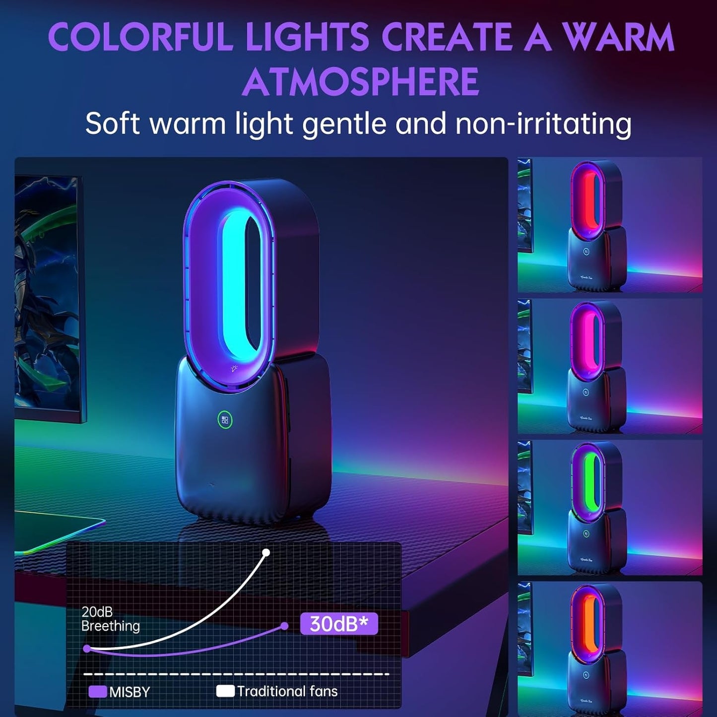 Misopily Rechargeable 11.8″ Bladeless Desk Fan with 5‑Color LED Light, 3 Speeds, Quiet Dual Battery/USB Operation for Home & Office