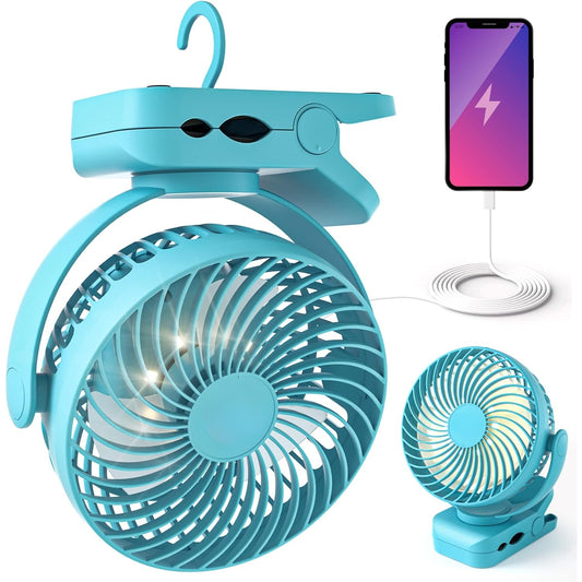 Misopily Clip‑On & Rechargeable 12,000 mAh Battery Fan with LED Light – Up to 65 Hrs Runtime, 360° Swivel for Camping, Tent, Desk