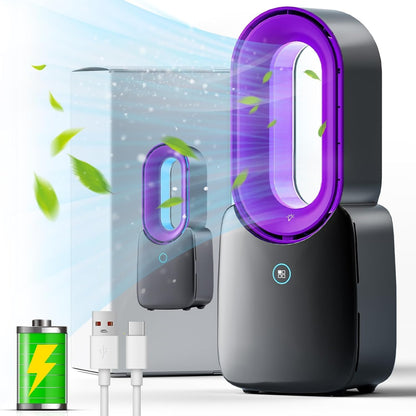 Misopily Rechargeable 11.8″ Bladeless Desk Fan with 5‑Color LED Light, 3 Speeds, Quiet Dual Battery/USB Operation for Home & Office