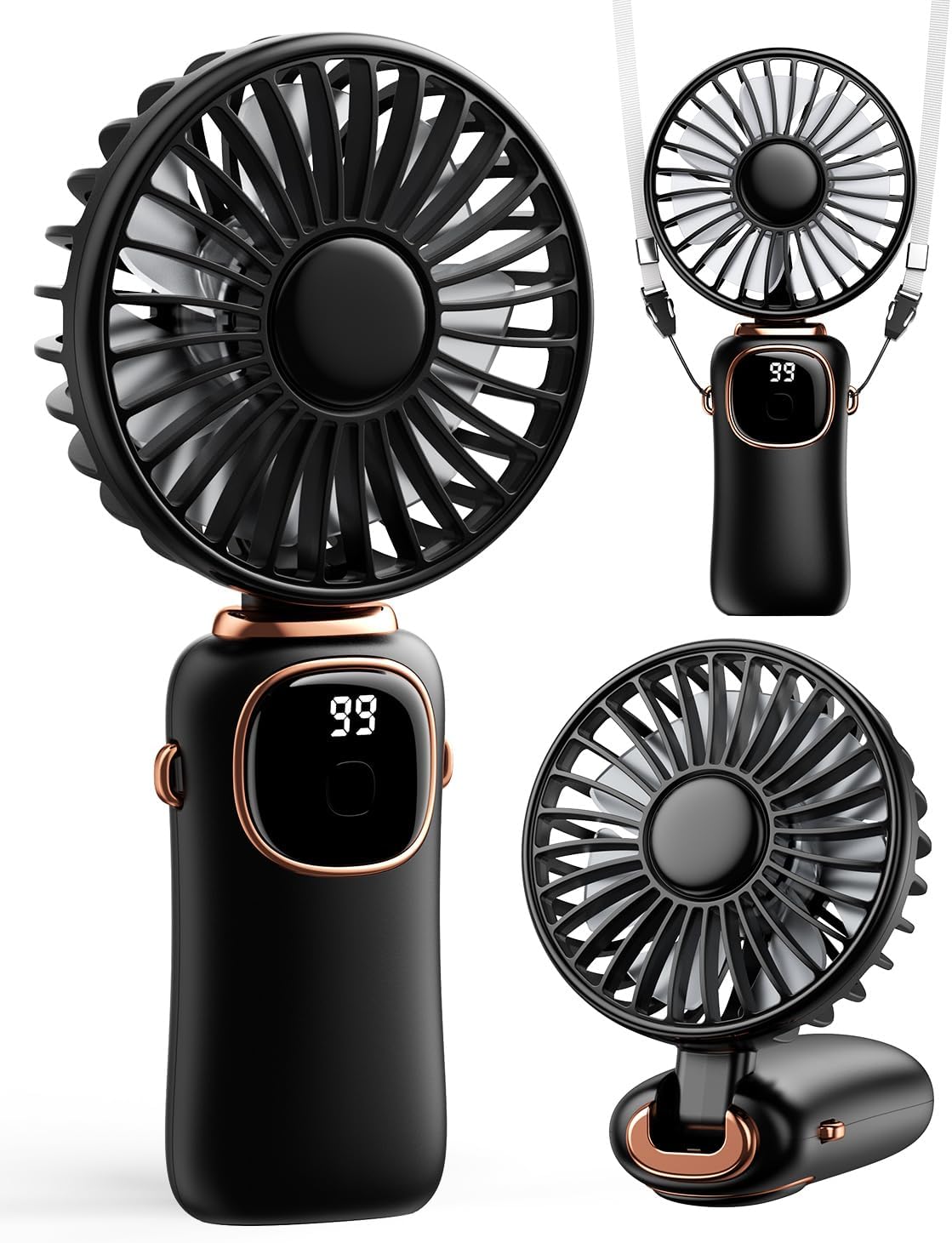 Misopily Portable 3‑in‑1 Rechargeable Handheld/Desktop/Neck Fan – 4000mAh Battery, 5 Speeds, Digital Display, 90° Foldable