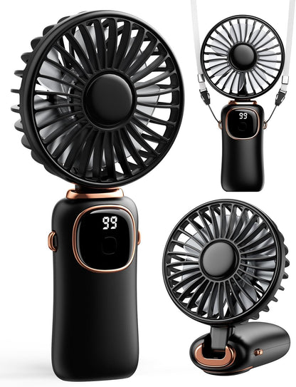 Misopily Portable 3‑in‑1 Rechargeable Handheld/Desktop/Neck Fan – 4000mAh Battery, 5 Speeds, Digital Display, 90° Foldable
