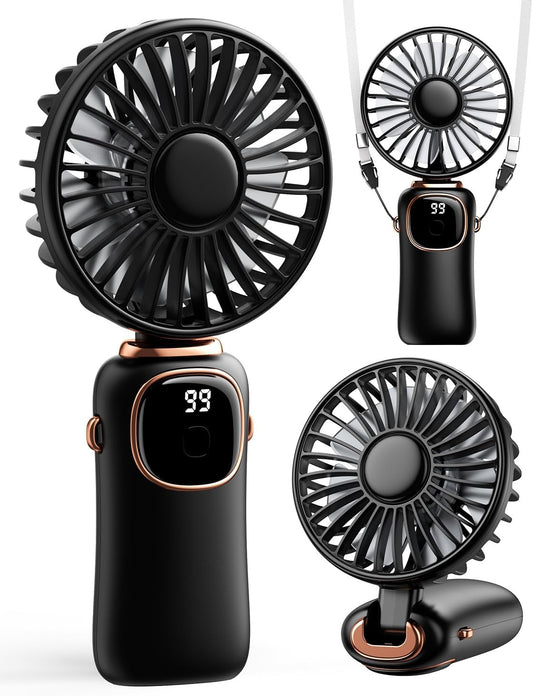Misopily Portable 3‑in‑1 Rechargeable Handheld/Desktop/Neck Fan – 4000mAh Battery, 5 Speeds, Digital Display, 90° Foldable