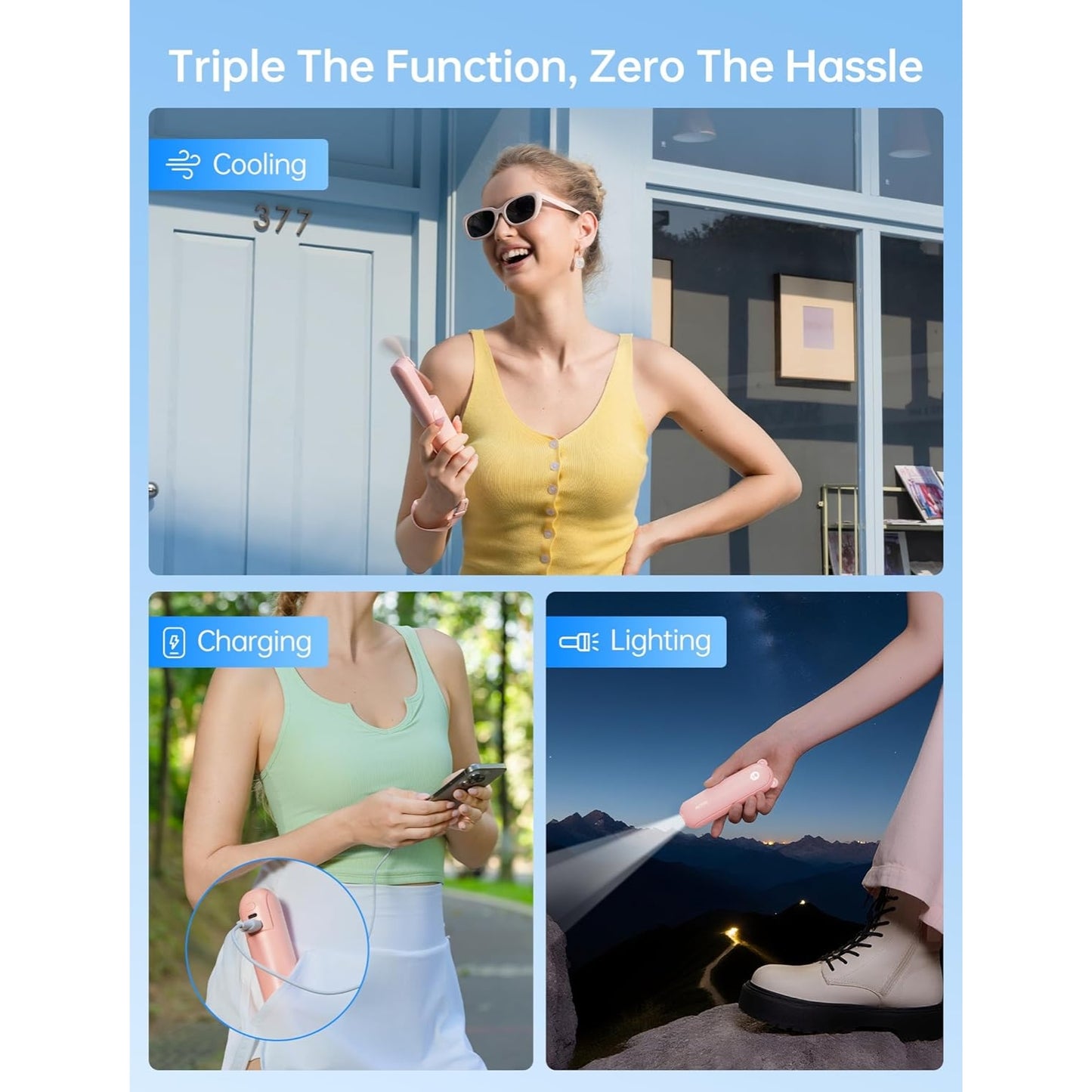 Misopily 3‑in‑1 USB Rechargeable Mini Handheld Fan with Power Bank & Flashlight – Pocket Size for Travel, Summer & Gifts