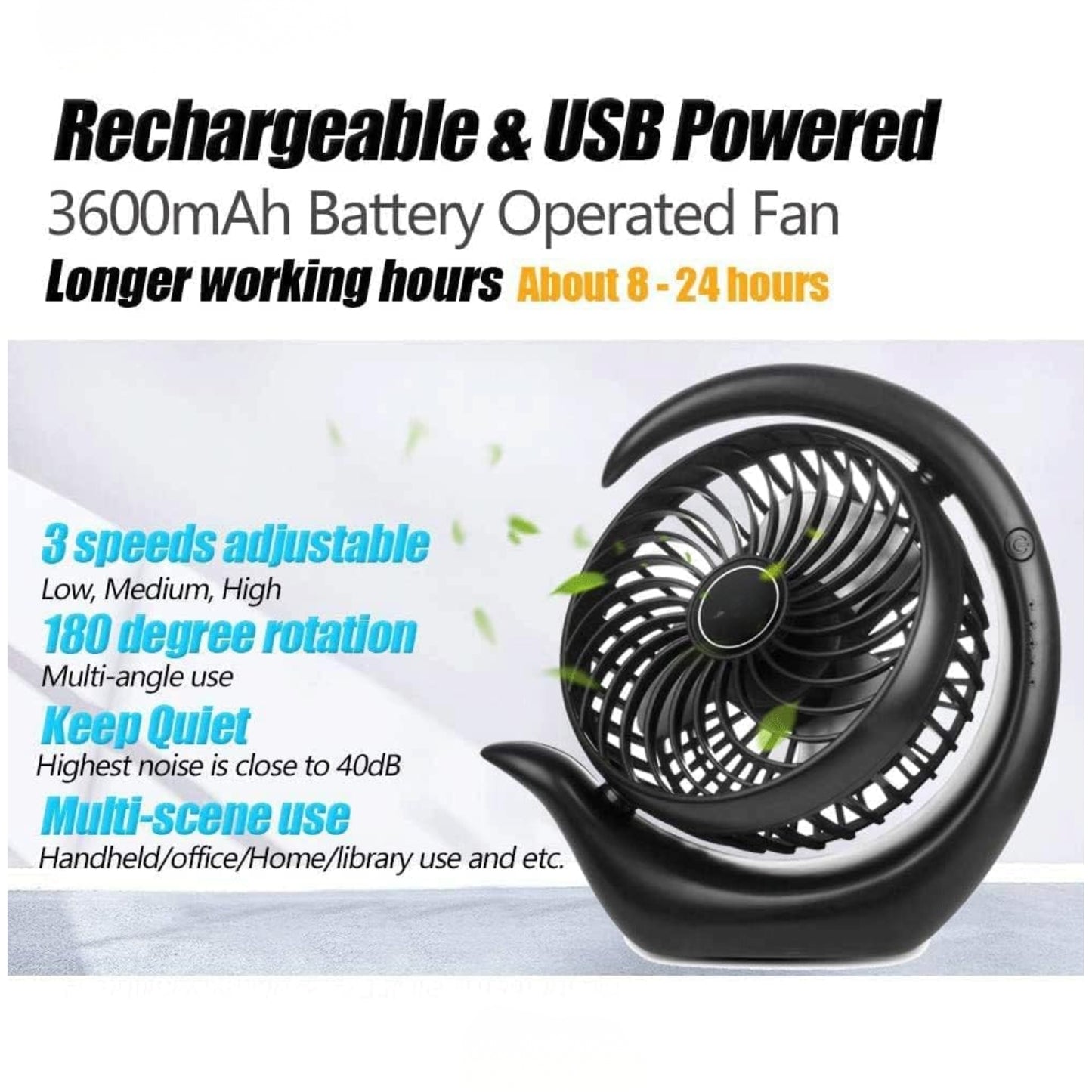 Misopily Portable 6.2″ Rechargeable Desk Fan – 3-Speed USB/Battery Power, 3600 mAh, Up to 24 hrs Runtime, 180° Adjustable Rotation for Home & Office