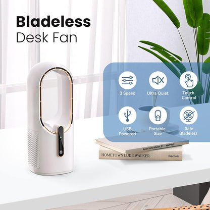 Misopily Bladeless 11.8″ Desk Fan – Quiet 3-Speed Touch-Control Office/Bedroom Table Fan with Modern Safe Turbine Design