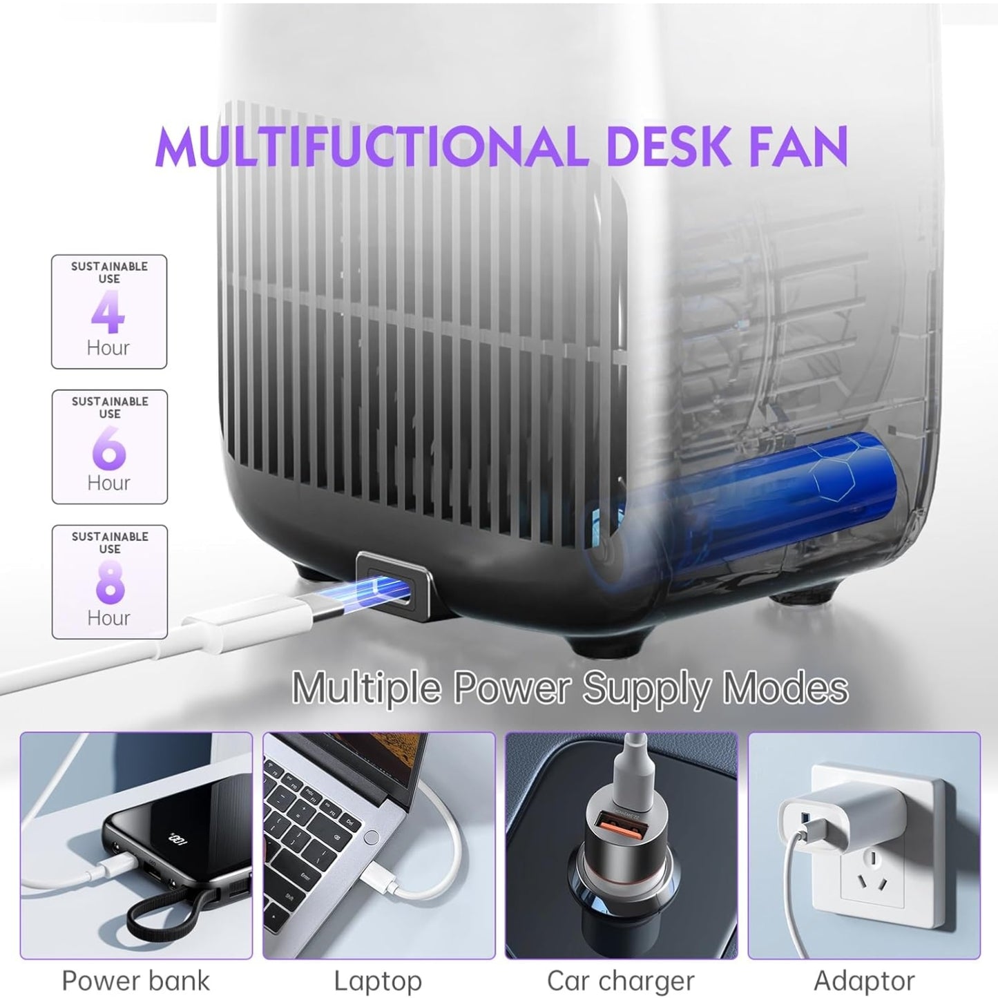 Misopily Rechargeable 11.8″ Bladeless Desk Fan with 5‑Color LED Light, 3 Speeds, Quiet Dual Battery/USB Operation for Home & Office