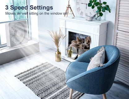 Misopily 10 Inch Compact Box Fan – 3 Speeds, AC Adapter Powered Square Table/Window Fan for Bedroom, Bathroom & Home