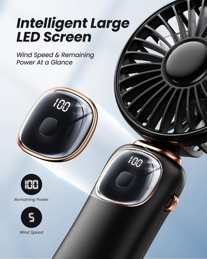 Misopily Portable 3‑in‑1 Rechargeable Handheld/Desktop/Neck Fan – 4000mAh Battery, 5 Speeds, Digital Display, 90° Foldable