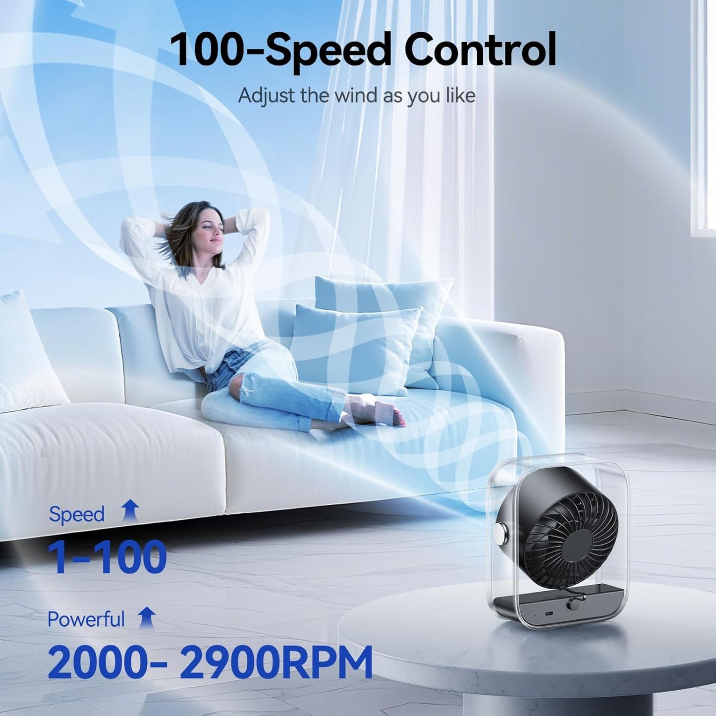 Misopily USB Rechargeable Quiet Desk Fan – 100 Speeds, Turbo Airflow, Digital Display, 90° Tilt for Home Office & Travel