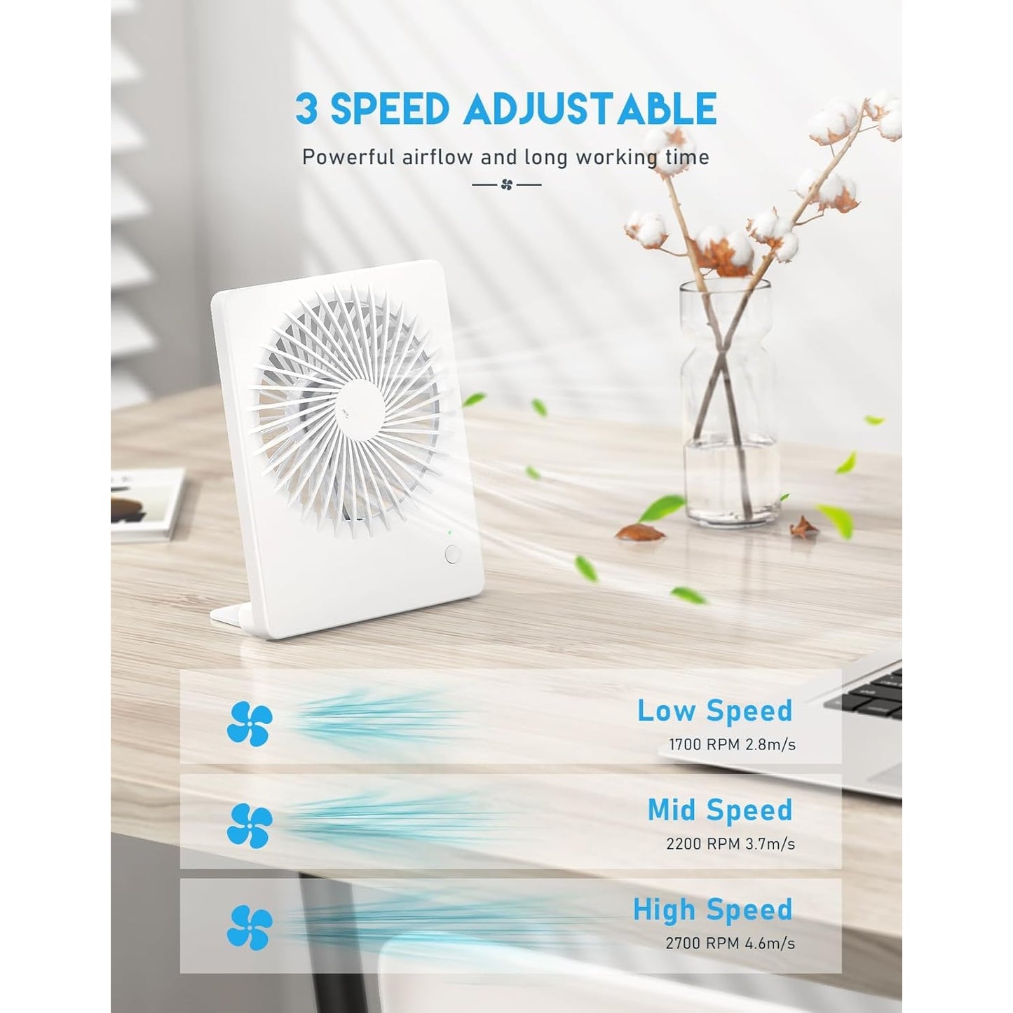 Misopily Rechargeable 2000mAh Desk Fan – Ultra‑Quiet 3‑Speed Portable Fan with 180° Tilt, Folding Design for Home, Office & Camping