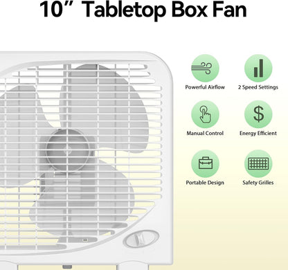Misopily 10″ Quiet Tabletop Box Fan – 2-Speed Compact Air Circulator for Bedroom, Office, Dorm, Kitchen – Energy Efficient & Portable