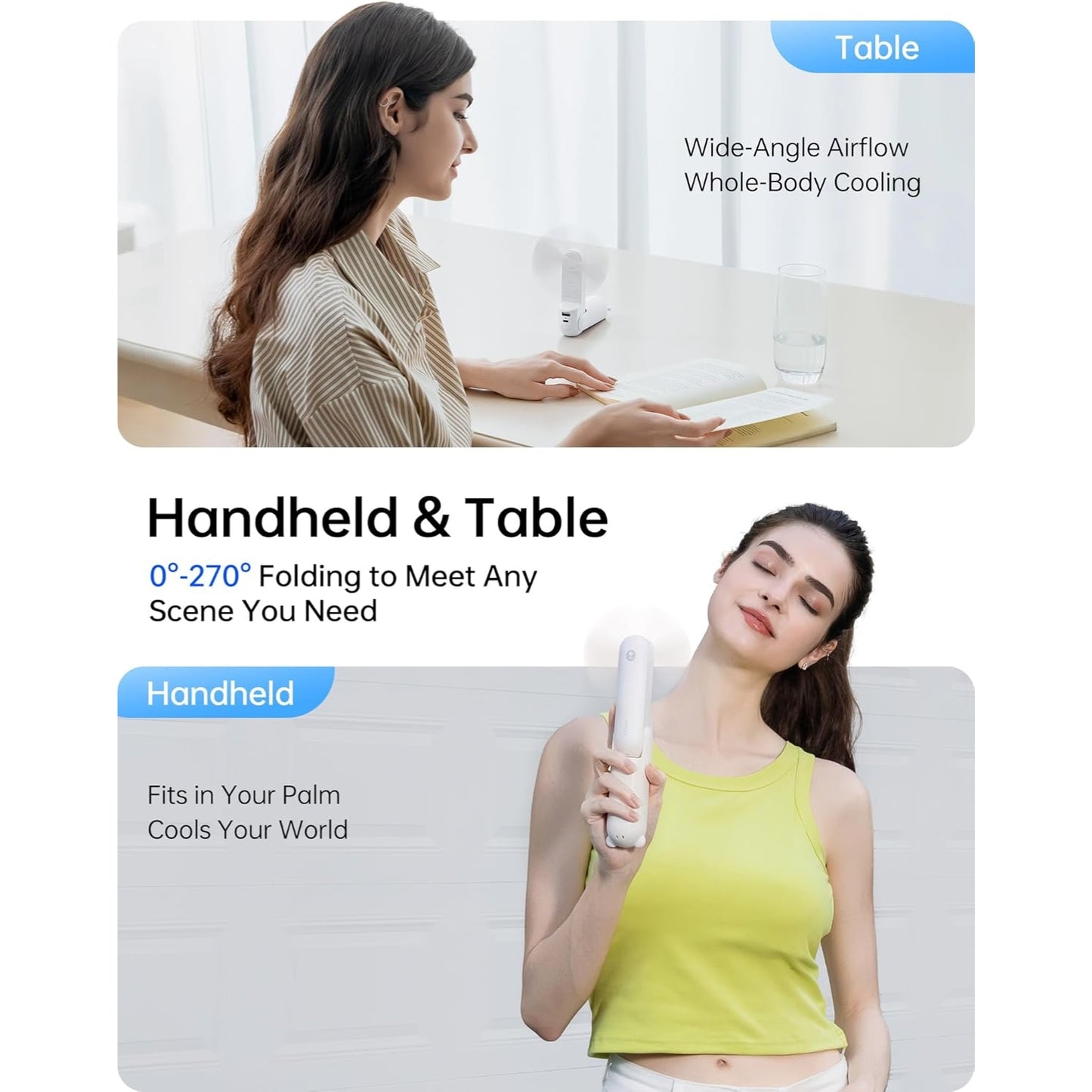 Misopily Handheld Folding Rechargeable Fan with 4500 mAh Power Bank – 3‑Speed Mini Pocket Fan, Up to 37 Hours Runtime, USB & Battery Operated