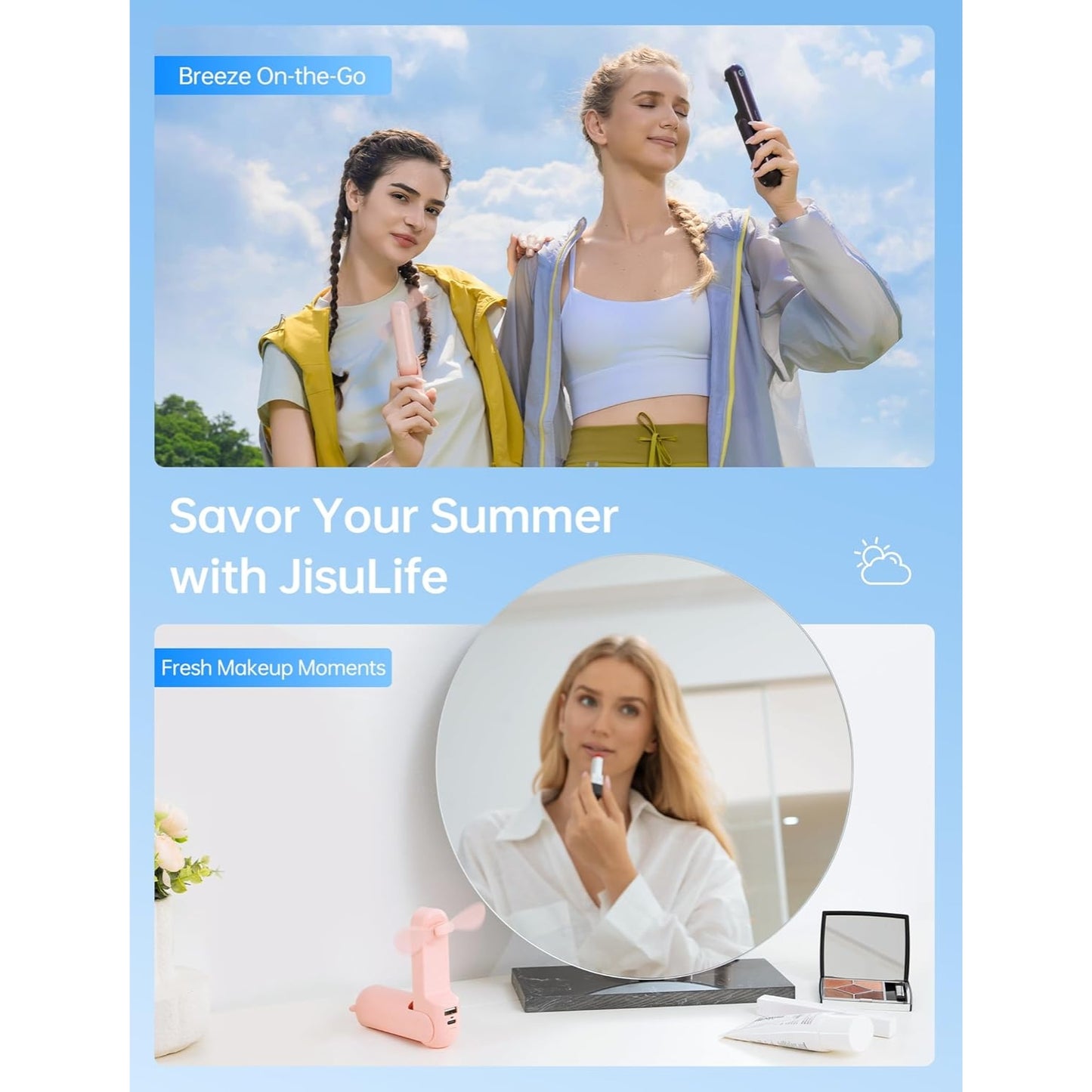 Misopily 3‑in‑1 USB Rechargeable Mini Handheld Fan with Power Bank & Flashlight – Pocket Size for Travel, Summer & Gifts