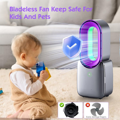 Misopily Rechargeable 11.8″ Bladeless Desk Fan with 5‑Color LED Light, 3 Speeds, Quiet Dual Battery/USB Operation for Home & Office