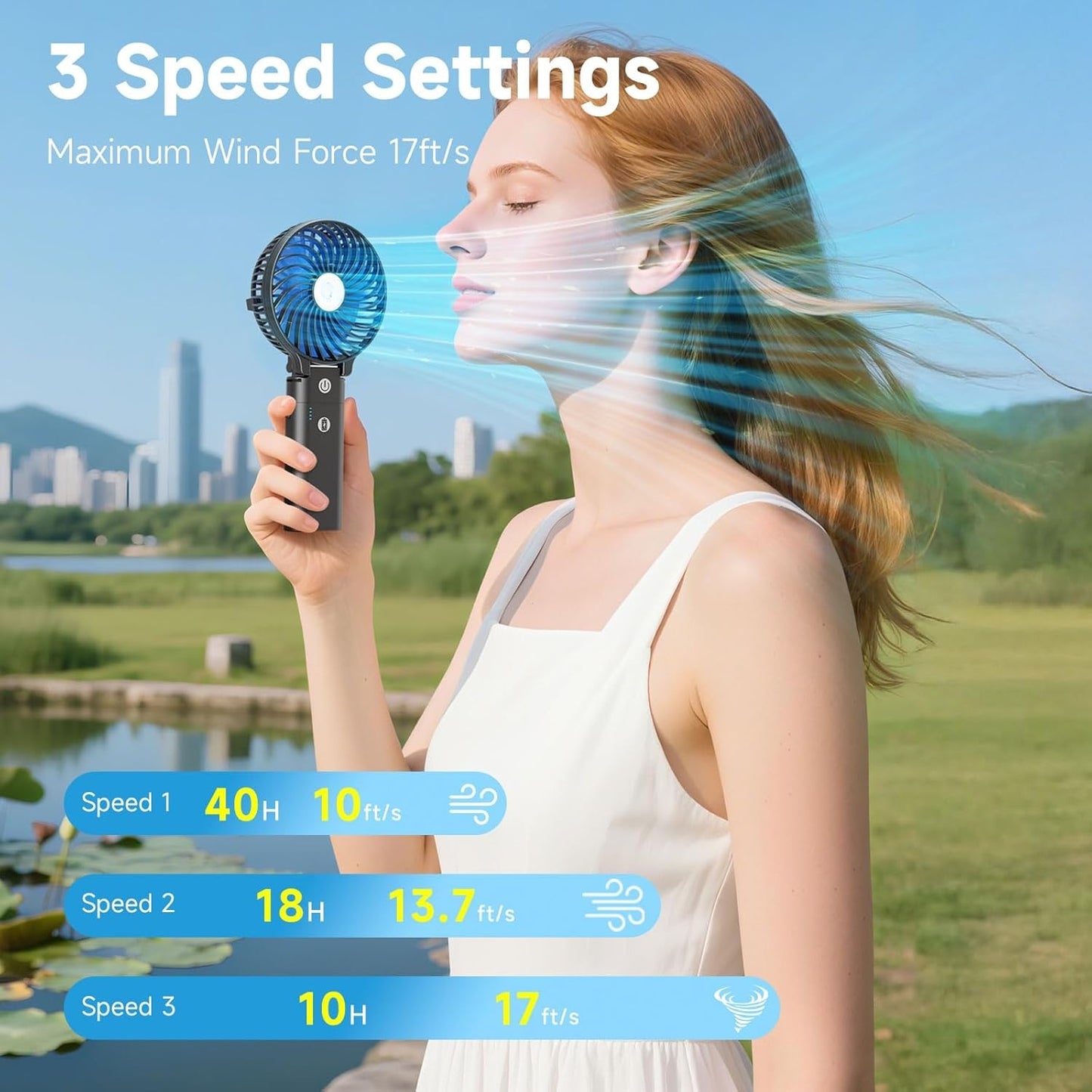 Misopily Ultra‑Portable 10,400 mAh Rechargeable Handheld Fan with Dual Battery Packs – Up to 40 Hours Runtime, Foldable Travel Design