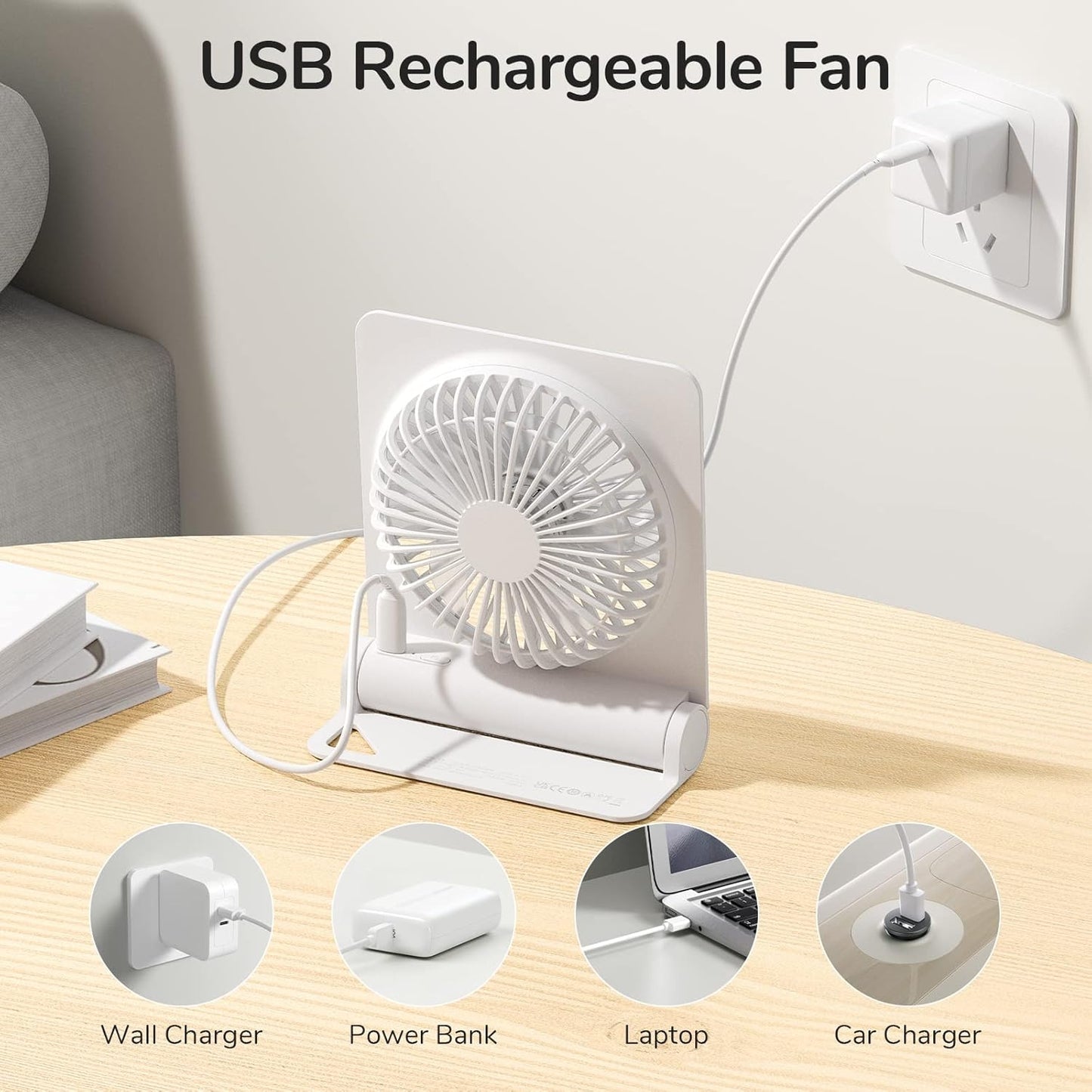 Misopily Rechargeable 4500 mAh Portable Desk Fan – USB‑C Foldable Mini Fan with 160° Tilt, Ultra‑Quiet Brushless Motor, 4 Speed Modes for Office/Home/Camping