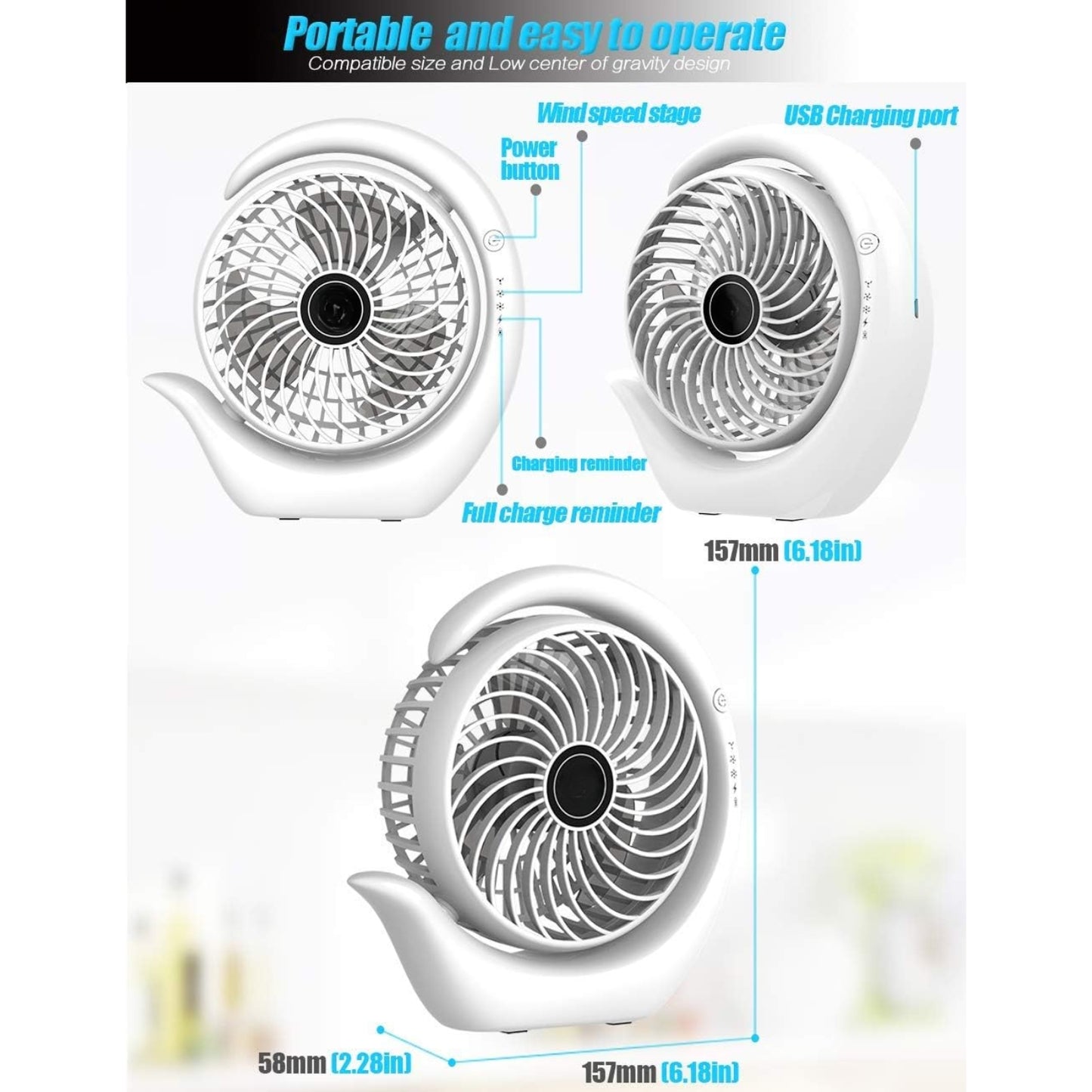 Misopily Portable 6.2″ Rechargeable Desk Fan – 3-Speed USB/Battery Power, 3600 mAh, Up to 24 hrs Runtime, 180° Adjustable Rotation for Home & Office