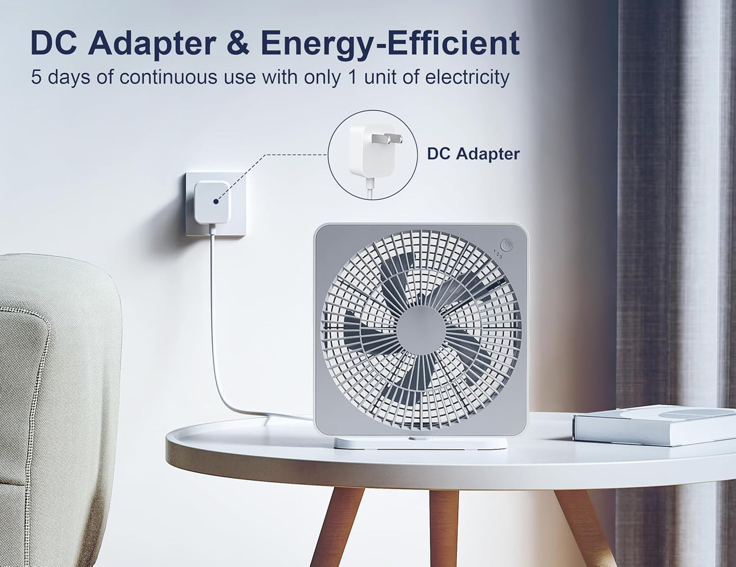 Misopily 10 Inch Compact Box Fan – 3 Speeds, AC Adapter Powered Square Table/Window Fan for Bedroom, Bathroom & Home