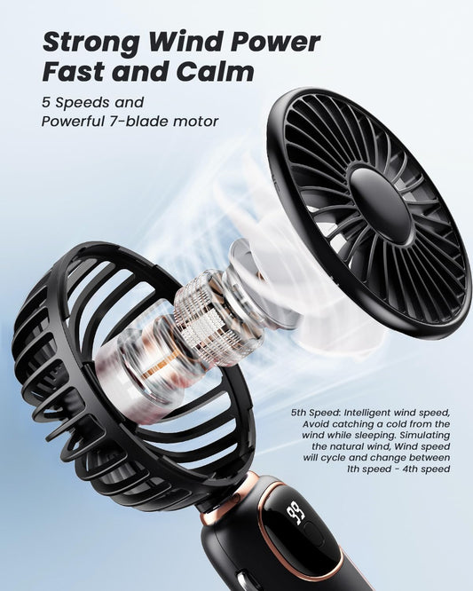 Misopily Portable 3‑in‑1 Rechargeable Handheld/Desktop/Neck Fan – 4000mAh Battery, 5 Speeds, Digital Display, 90° Foldable