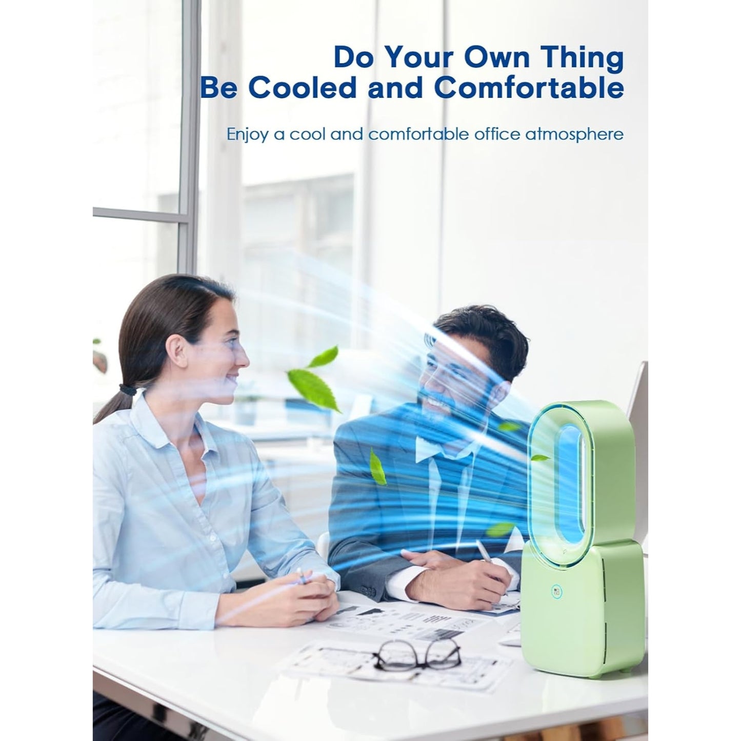 Misopily 11.8” Bladeless Desk Fan – Quiet USB Table Fan with 3 Speeds, Touch Control & 5‑Color LED Light for Home, Office, Bedroom